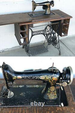 1911 Antique Singer Sewing Machine Table Cabinet Cast Iron Base Ornate Gilt