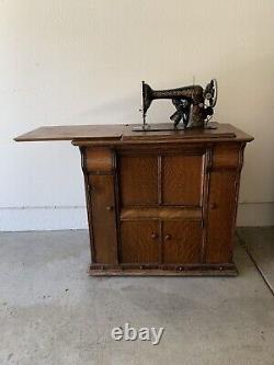 1920s Singer 66 RedEye Treadle & Electric Sewing Machine withOak Cabinet/Stnd/Tble