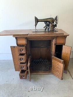 1920s Singer 66 RedEye Treadle & Electric Sewing Machine withOak Cabinet/Stnd/Tble