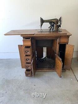 1920s Singer 66 RedEye Treadle & Electric Sewing Machine withOak Cabinet/Stnd/Tble