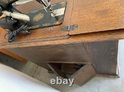 1920s Singer 66 RedEye Treadle & Electric Sewing Machine withOak Cabinet/Stnd/Tble