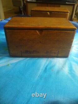 2 Antique Oak SINGER Wooden Puzzle Box 1889 Attachments Sewing Accessories