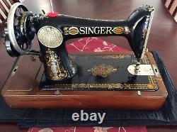 ANTIQUE 1917 SINGER SEWING MACHINE 66 RED-EYE Hand-Crank Bent-Wood Case Working
