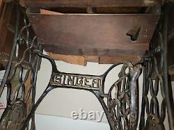 ANTIQUE SINGER TREADLE SEWING MACHINE CAST IRON TABLE BASE Cabinet Red Eye
