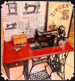 Amazing Antique Singer 15-31 industrial treadle sewing machine, accessories, c1904