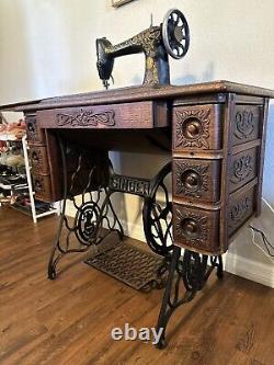 Antique 1900's Singer Red Eye Treadle Sewing Machine with Cabinet & Iron Base