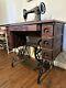 Antique 1900's Singer Red Eye Treadle Sewing Machine With Cabinet & Iron Base