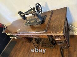 Antique 1900's Singer Red Eye Treadle Sewing Machine with Cabinet & Iron Base