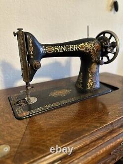 Antique 1900's Singer Red Eye Treadle Sewing Machine with Cabinet & Iron Base
