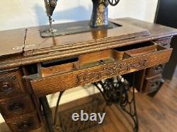 Antique 1900's Singer Red Eye Treadle Sewing Machine with Cabinet & Iron Base