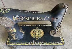 Antique 1908 Treadle Singer Lotus Decal Sewing Machine Model 66 Nice Condition