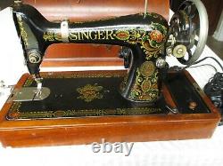 Antique 1920's Singer Sewing Machine Knee Bar Bentwood Case + key + Accessories