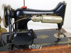 Antique 1930 Iron Singer 99 Electrified Sewing Machine Wood Case w Key & Access