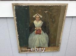 Antique Framed Oil Painting Portrait Amish Woman Sewing by William Earl Singer