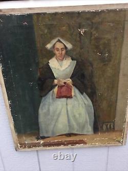 Antique Framed Oil Painting Portrait Amish Woman Sewing by William Earl Singer