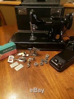 Antique SINGER 221 Featherweight Sewing Machine Case Pedal Attachments NICE 1949