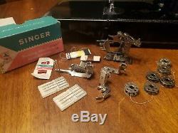 Antique SINGER 221 Featherweight Sewing Machine Case Pedal Attachments NICE 1949