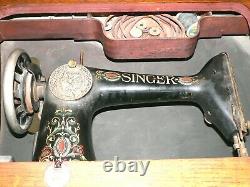 Antique SINGER RED EYE Treadle Sewing Machine Vintage 1911 in Oak Cabinet