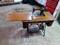 Antique SINGER Red Eye Sewing Machine Vintage Model 66 In Treadle Base