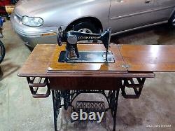 Antique SINGER Red Eye Sewing Machine Vintage Model 66 In Treadle Base