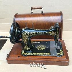 Antique Singer 28, 28K hand-crank sewing machine with bentwood case and Scrolls