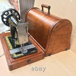Antique Singer 28, 28K hand-crank sewing machine with bentwood case and Scrolls