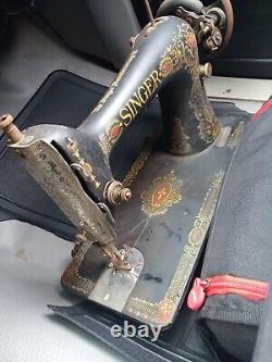 Antique Singer Sewing Machine Model 66 Red Eye, Hand Crank, With Case