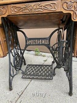 Antique Singer Treadle Sewing Machine With Fantastic Ornate Oak Cabinet Refinish