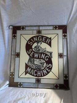 Antique Stained Glass Singer Sewing Machine Sign NM 17.5 x 16 Nice