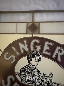 Antique Stained Glass Singer Sewing Machine Sign NM 17.5 x 16 Nice