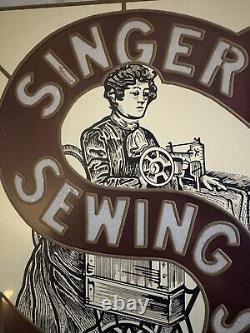 Antique Stained Glass Singer Sewing Machine Sign NM 17.5 x 16 Nice