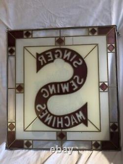 Antique Stained Glass Singer Sewing Machine Sign NM 17.5 x 16 Nice