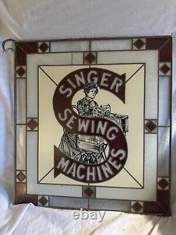 Antique Stained Glass Singer Sewing Machine Sign NM 17.5 x 16 Nice