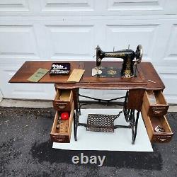 Antique The Standard Sewing Machine Wooden Table +Misc Tools/Parts/Turn Key
