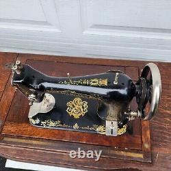 Antique The Standard Sewing Machine Wooden Table +Misc Tools/Parts/Turn Key
