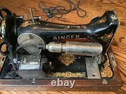 Antique Vintage Ornate Black Singer Sewing Machine Motor Light Cord Wooden Hood