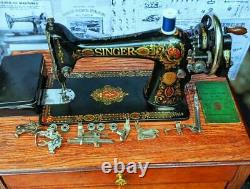 Astounding Antique Singer model 66 Red Eye sewing machine, back clamp atchm, 1915