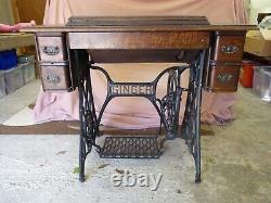 Ornate Antique 27k Singers Treadle Crank Sewing Machine & Oak Table With Drawers