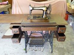 Ornate Antique 27k Singers Treadle Crank Sewing Machine & Oak Table With Drawers