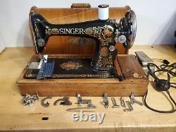 SERVICED Antique Vtg Singer 66-1 Sewing Machine Red Eye Heavy Duty+RARE MOTOR