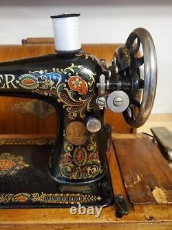 SERVICED Antique Vtg Singer 66-1 Sewing Machine Red Eye Heavy Duty+RARE MOTOR