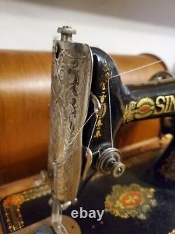 SERVICED Antique Vtg Singer 66-1 Sewing Machine Red Eye Heavy Duty+RARE MOTOR