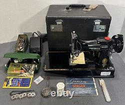 SINGER FEATHERWEIGHT 221 SEWING MACHINE 1956 AM375563 Many Extras & Serviced