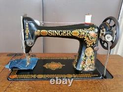 SINGER G9532838 Antique/Vintage Red Eye Sewing Machine treadle Cabinet, working
