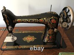 Singer 66 Red Eye Treadle Sewing Machine + Tiger Oak Cabinet Attachments Manual