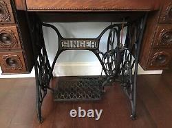 Singer 66 Red Eye Treadle Sewing Machine + Tiger Oak Cabinet Attachments Manual