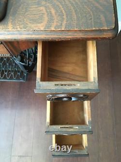 Singer 66 Red Eye Treadle Sewing Machine + Tiger Oak Cabinet Attachments Manual