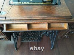 Singer 66 Red Eye Treadle Sewing Machine + Tiger Oak Cabinet Attachments Manual