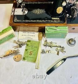 Singer Sewing Machine Knee Lever, Bentwood Case Key, Attachments, & Manual Sews