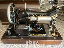 Singer Sewing Machine Vintage 1923 Model 128 Rare Red Eye Design withLid Untested